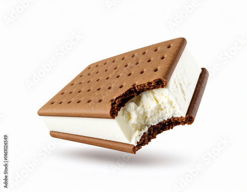 A bitten vanilla ice cream sandwich with chocolate wafers on a white background.