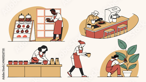 Flat Style Illustrations of People Working in Various Retail Cafe and Gardening Jobs