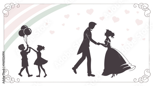 Beautiful Silhouette Wedding Illustration Featuring Dancing Couple Children with Balloons Hearts and Decorative Frame