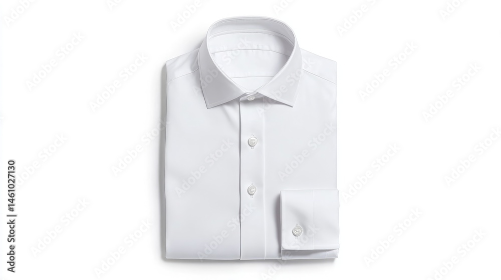 Crisp white dress shirt displayed neatly on a matching white background, focusing on its fine tailoring Crisp white dress shirt displayed neatly on a matching white background, focusing on its fine tailoring