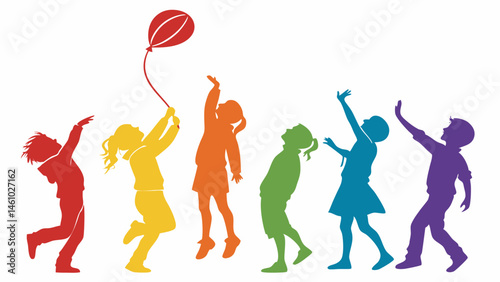 Colorful Rainbow Silhouettes of Diverse Children Reaching for a Red Balloon Graphic