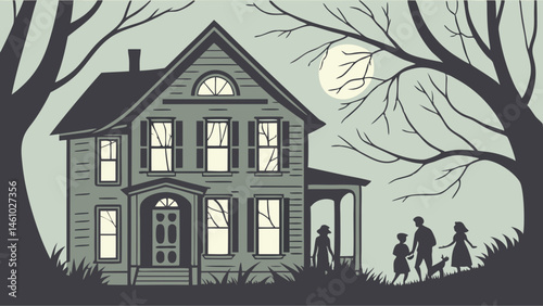Vintage Spooky Illustration Family Approaches Old House at Night Under Full Moon with Dog
