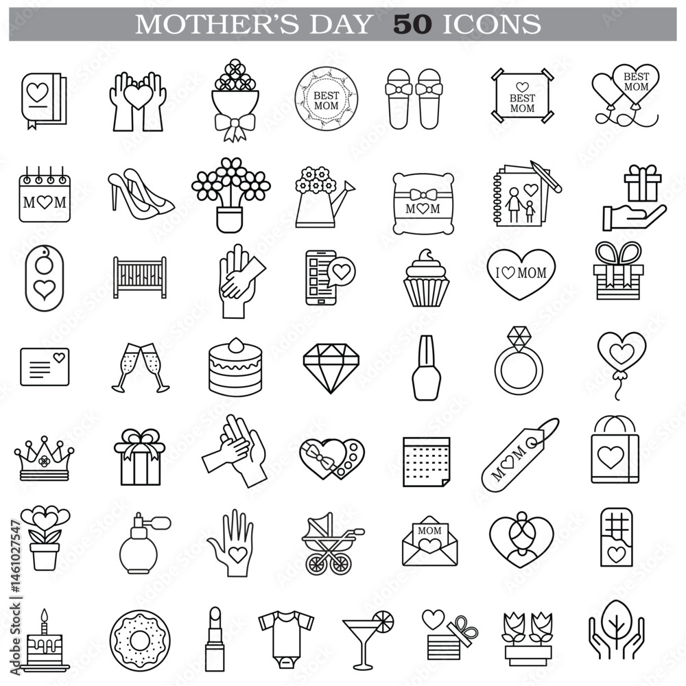 Fototapeta premium Art & Illustration A collection of minimalistic line icons themed around Mother's Day, Mother's Day Line Icons Set 