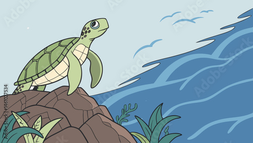 Cute Green Cartoon Sea Turtle on Rocks Watching Blue Ocean Waves and Birds Flying