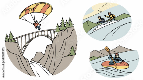 Circular Illustrated Outdoor Adventure Sports: Paragliding Bridge Jump, Rafting Rapids, Kayaking Scene