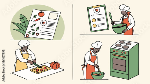 Healthy cooking process illustration chef following recipe chopping mixing stirring