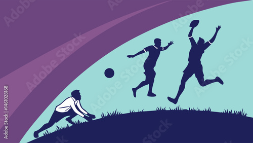 Dynamic Purple Blue Silhouette Sports Illustration of Players Catching Ball Running and Diving Action