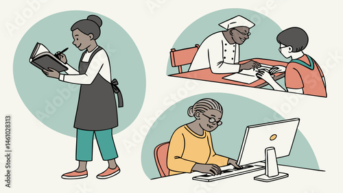 Illustration of diverse people learning skills chef mentor student writing senior computer class