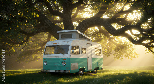 Nostalgic Campervan Under A Grand Old Tree At Sunset On A Meadow