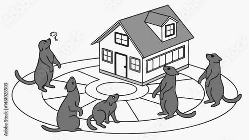 Black white line drawing five curious groundhogs stand around house circular path one confused