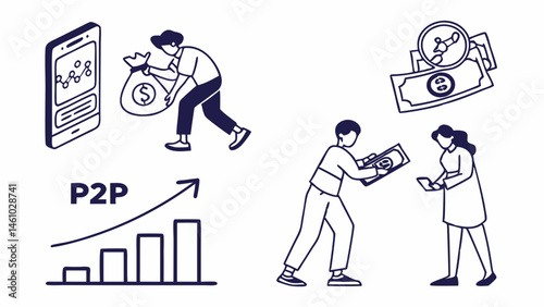 P2P Finance Peer to Peer Money Transfer Lending Investment Growth Simple Line Art