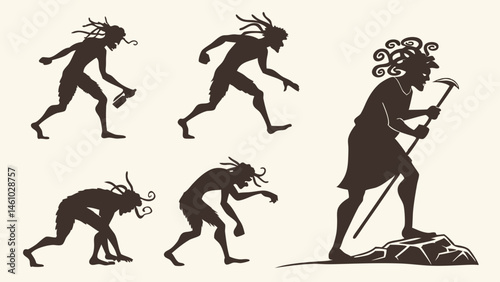 Ancient Tribal Style Silhouettes Illustrating Stages of Human Evolution with Tools