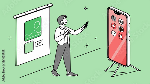 Online Presenter Using Phone and Large Screen to Show Apps Vector Illustration