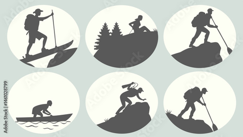 Minimalist Silhouettes Icons Set Outdoor Adventure Sports Hiking Climbing Kayaking Trekking Vector
