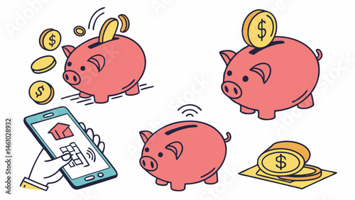 Saving Money Illustration Pink Piggy Banks Digital Finance and Smartphone App