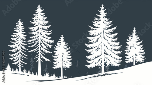 White Silhouette Evergreen Trees Dark Background Snowy Winter Forest Scene Minimalist Graphic Illustration