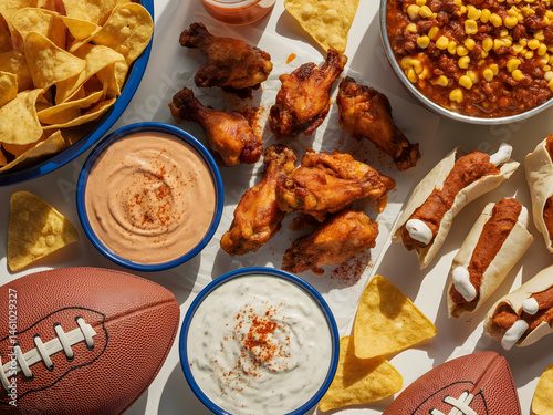Game Day Spread Chicken Wings Nachos Dips and Football