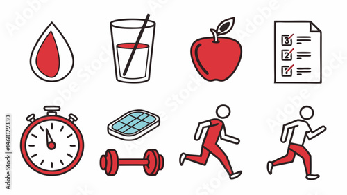 Simple red line art health and fitness icons set running apple water stopwatch weights checklist blood drop