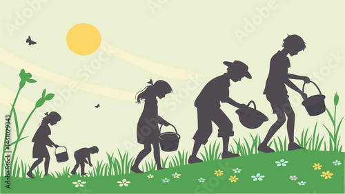 Silhouette Illustration of Family and Children Gathering Uphill with Baskets on a Grassy Hill in a Sunny Nature Scene