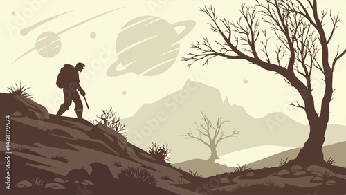 Monochromatic Sci-Fi Art Lone Hiker Journeying Uphill Past Ringed Planets and Barren Trees