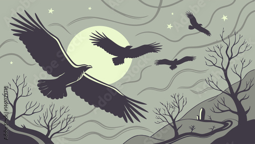 Stylized Greyscale Illustration of Majestic Eagles Flying Through a Dark Moonlit Night Landscape with Stars and Bare Trees