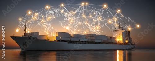 Editorial photography of a cutting-edge cargo container ship integrating modern technology for global logistics, showcasing world maps and supply chain networks