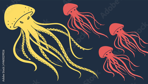 Vibrant Yellow and Red Jellyfish Group Swimming in Dark Water Simple Marine Life Illustration