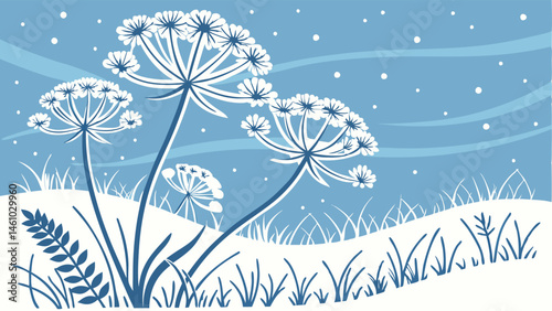 Stylized Blue and White Winter Illustration with Snow Covered Plants and Falling Snow