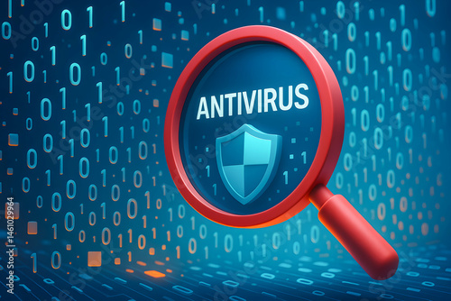 Illustration of antivirus software with magnifying glass over digital data background.