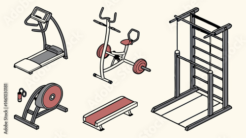 Isometric illustration of gym and fitness exercise equipment treadmill bike rower bench wall bars