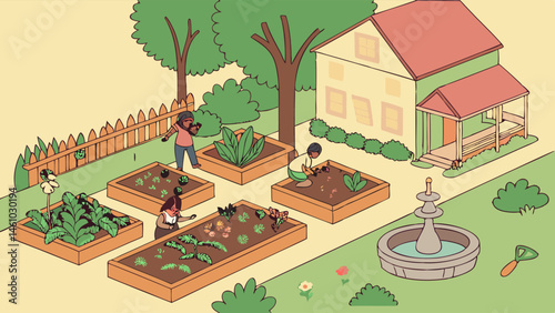 Vector Illustration of Family Gardening in Backyard Raised Beds
