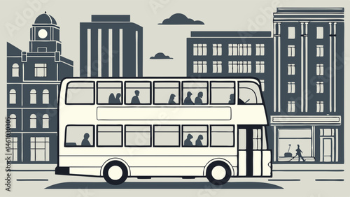 Grayscale Illustration of a Double Decker Bus in a City Scene with Passengers