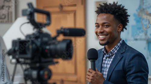 blurred cameraman with video camera near smiling african american journalist with microphone doing reportage