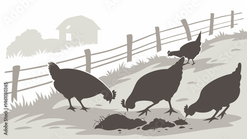 Grayscale Silhouette Illustration: Farm Chickens Scratching Ground by Wooden Fence and Distant Barn