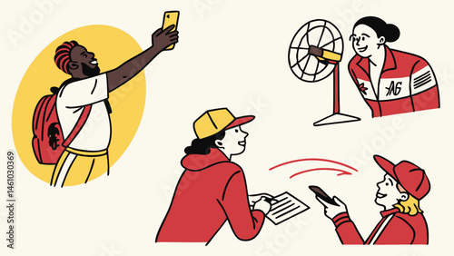 Flat Illustration of People Using Technology Taking Selfies Phones Clipboard Fan Communication