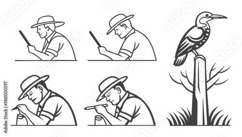 Black White Line Art Illustrations Man Writing and Bird on Post Vintage Set