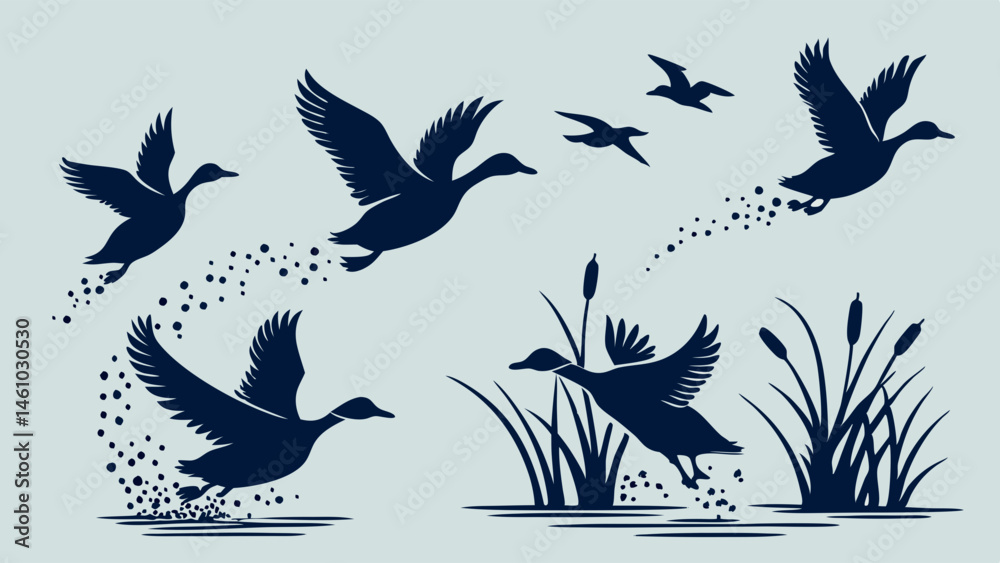 Silhouette Ducks Flying Taking Off Water Reeds Graphic Wildlife Illustration Silhouette Ducks Flying Taking Off Water Reeds Graphic Wildlife Illustration