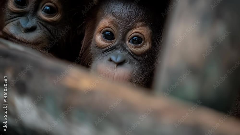 Two adorable baby orangutans peering out from behind wooden structures, engaging with the viewer with their expressive eyes and curiosity.