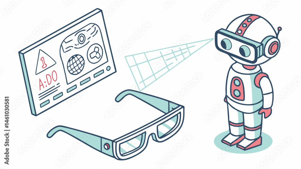 Naklejka premium Isometric Illustration Robot Wearing VR Glasses Looking at Tech Display AR Glasses
