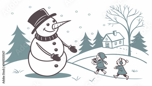 Hand-drawn winter illustration of a friendly snowman and children playing in a snowy landscape with trees and a house