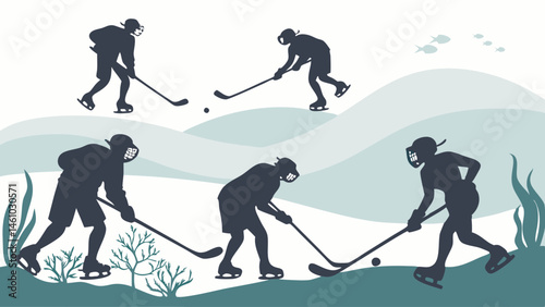Underwater hockey game silhouette illustration with players, fish, and coral reef