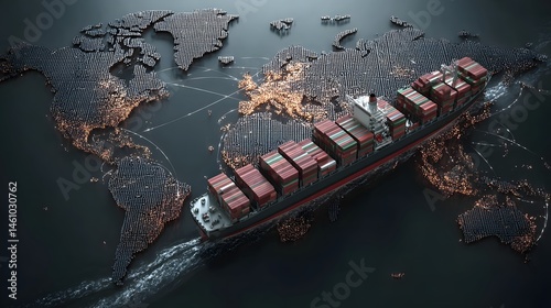 Magazine cover featuring a futuristic cargo container ship with advanced global logistics technology, detailed world maps, and interconnected supply chain networks