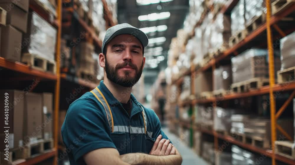 Smiling man in a blue shirt stands in a warehouse. He is wearing a hat and a blue shirt Smiling man in a blue shirt stands in a warehouse. He is wearing a hat and a blue shirt