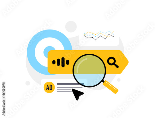 Voice-driven campaign analytics empower marketers with voice search insights and ad tracking tools. Enhance voice marketing strategy with analytics. Isolated vector illustration and icons set