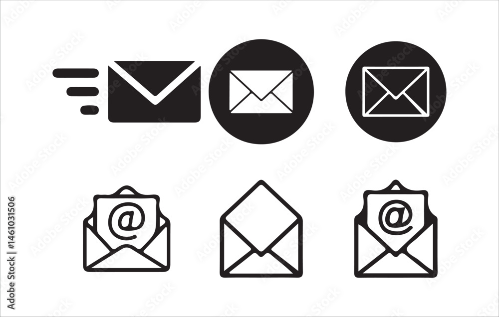 Black emails vector icon set. Email Envelope Icon with Notification Badge for Digital Communication , email icon set Black emails vector icon set. Email Envelope Icon with Notification Badge for Digital Communication , email icon set