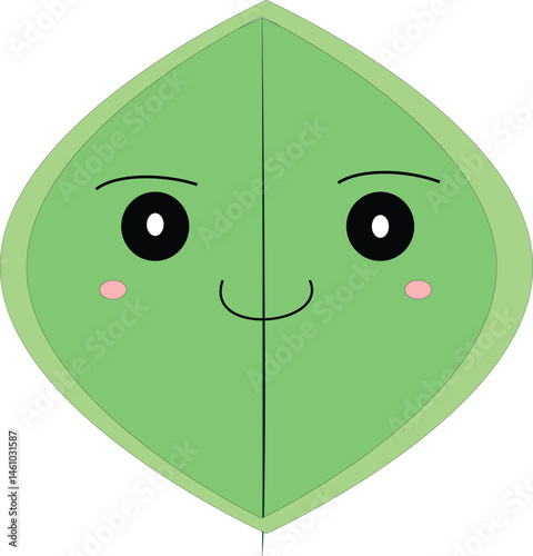Bright green happy leaf with a smiling face. Ideal for children’s materials, positive visuals, and environmental icons.