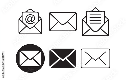 Black emails vector icon set. Email Envelope Icon with Notification Badge for Digital Communication , email icon set