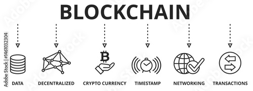Block chain banner crypto currency concept vector illustration with icons