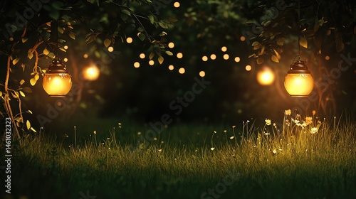 Urban park meadow highlighted by warm lantern glow creating a serene nighttime atmosphere