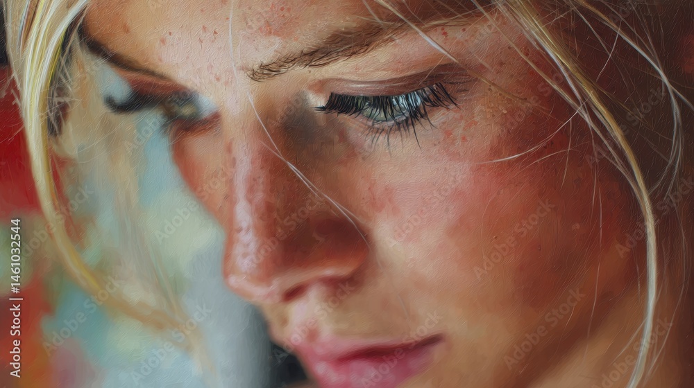 Fototapeta premium Close-up portrait of a young woman's thoughtful expression.